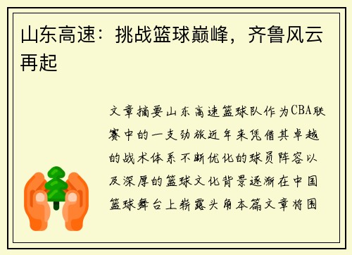 山东高速:挑战篮球巅峰,齐鲁风云再起 山东高速:挑战篮球巅峰,齐鲁风云再起